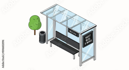 Isometric vector bus stop shelter public transport concept illustration City Urban Street Waiting Sign Tree Trashcan