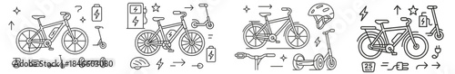Bicycles, scooters, helmets, and charging stations shown in simple line art style