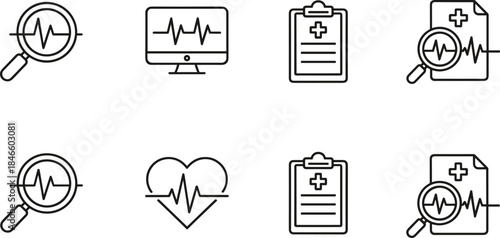 Medical icons, healthcare diagnostics, patient monitoring, telemedicine, cardiology symbols, clinical analysis, digital health, medical reports, heartbeat waveform, health technology