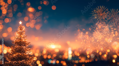 夜空に輝く花火と美しいイルミネーションのクリスマスツリーの幻想的な背景