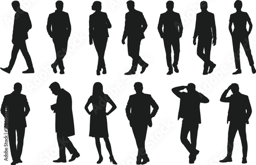 Business professionals silhouette set featuring confident standing poses, modern corporate attire and expressive body language for branding projects, presentations, vector illustration
