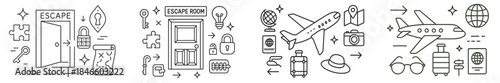 Concepts of escape rooms and travel in a line art style with doors, puzzles, and travel-related items