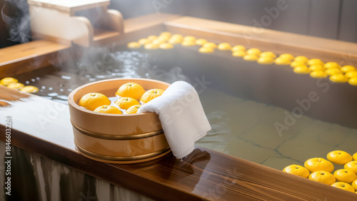 湯気の立つ日本の温泉で木製の浴槽に浮かぶ柚子と手前の桶に入った果実とタオル