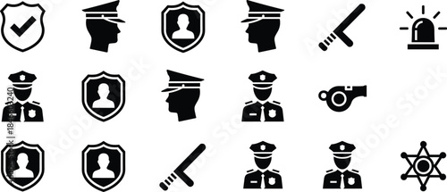 Police icons, law enforcement symbols, security graphics, officer badge, siren, whistle, sheriff star, patrol tools, vector design, safety illustrations