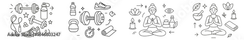 Fitness and wellness activities including equipment, exercises, meditation, and healthy lifestyle choices in an illustrated format