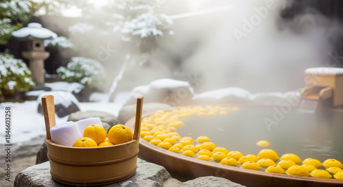 雪景色の広がる日本の露天風呂で湯船に浮かぶたくさんの柚子と手前の桶に入ったタオルと果実