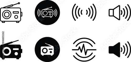 Radio, sound, speaker, audio, broadcast, communication, signal, wave, icon, technology, media, transmission, receiver, antenna, frequency, volume, stereo, podcast, wireless, equipment
