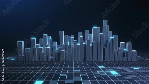 Abstract data blocks floating in a grid, rearranging into clean vertical columns, forming a futuristic cityscape, 3D rendered illustration