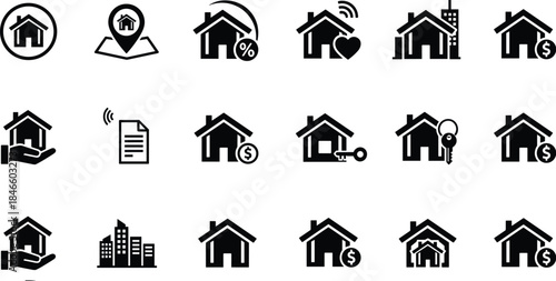 Real estate icons, housing symbols, property management, mortgage finance, smart home, rental services, home ownership, investment, location, documents