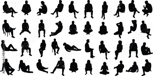 Diverse seated silhouette collection showing casual, relaxed and thoughtful sitting poses of men and women for creative artwork, design, vector illustration