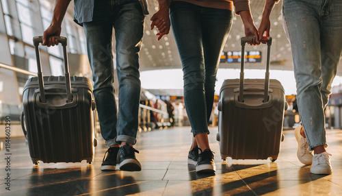 Quadro su tela Three people walking with luggage in an airport terminal.