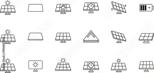 Solar panel icons, energy system symbols, renewable power graphics, sun and battery illustrations, home solar interface, clean energy visuals