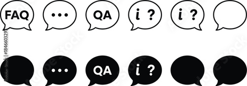 Speech bubble icons, FAQ symbols, question answer graphics, black white contrast, digital UI elements, communication design, information interface, vector setSpeech bubble icons