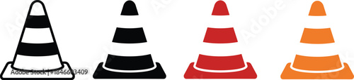 Traffic cone icon set, vector illustration, safety symbol, construction zone, warning sign, color variations, black, red, orange, white