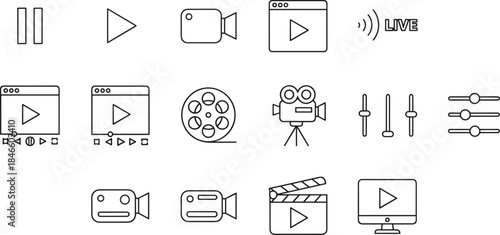 Video, media, playback, broadcasting, icons, blue, outline, digital, content, creation, streaming, production, film, camera, web, interface, live, control, clapperboard, monitor