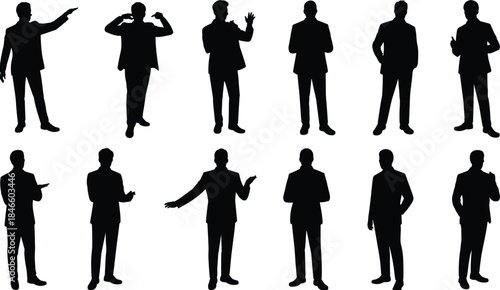 Professional businessman silhouette collection featuring confident gestures, corporate poses and modern office attire ideal for presentations, branding, marketing and vector design projects