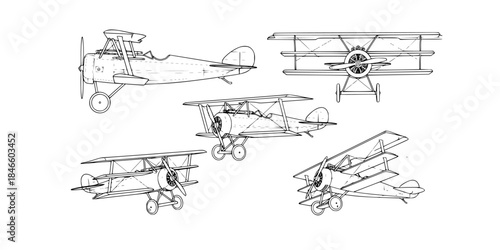 Retro biplane aircraft illustrations in various angles
