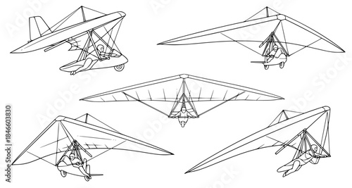 Collection of diverse vector hang glider illustrations showcasing various dynamic perspectives for aerial sport and flight activities