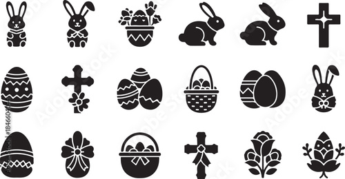 Easter icons set with bunnies eggs and crosses