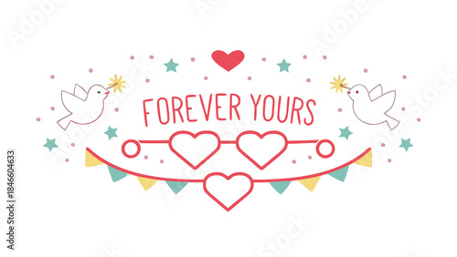 Soft pink and yellow valentines day vector graphic with linked hearts and doves on white background forever yours