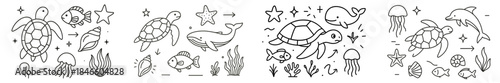 Hand-drawn marine life illustrations featuring turtles, whales, dolphins, jellyfish, and fish in a simple design style