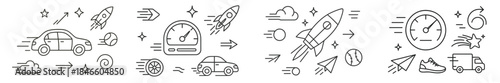 Vector designs showing cars, rockets, and speed elements in a dynamic composition