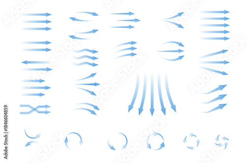 Air flow arrows. Blue cold wind stream, fresh water direction, filter and  conditioner system infographic transparent movement and rotation  elements. Vector arrow icons set