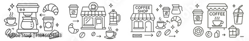 Scenes of coffee shop life with coffee brewing, pastries, and shop elements in a simple line art style