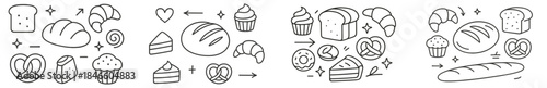 Baking ingredients and tools arranged on a table for making bread and pastries in a kitchen setting