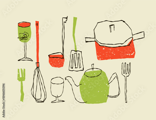 A whimsical and naive vector illustration set featuring essential kitchenware and cooking tools in a fun, textured doodle style, perfect for food blogs, restaurant branding