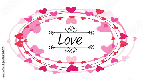 Valentine's day hearts in pink and red form circular wreathe with love word in middle