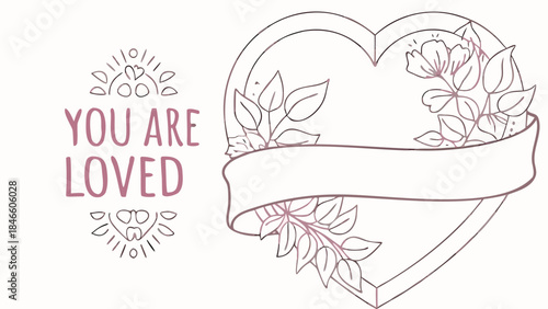 Valentine's day line art heart and ribbon with floral design and 'you are loved' text