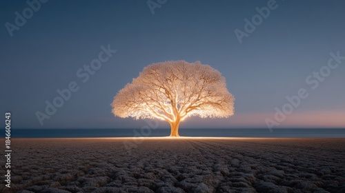 Solitary tree stands illuminated in field of barren branches, symbolizing hope and resilience against twilight backdrop
