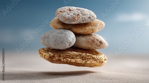 Balanced stones create serene atmosphere, symbolizing mindfulness and tranquility. golden stone adds unique touch to this peaceful arrangement