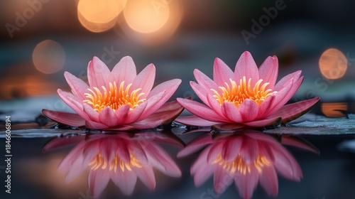 Two pink water lilies reflect serenely in still water, bathed in warm light
