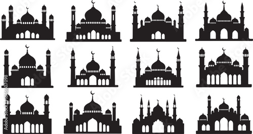 Collection of mosque silhouettes in various architectural styles