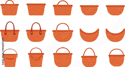 Traditional woven baskets collection, handcrafted basket vector set, cultural craftsmanship icons, orange herringbone weave, cad drawing flat vector illustration