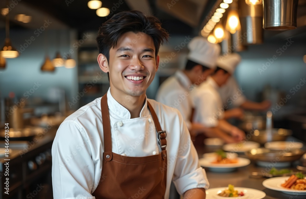 Fototapeta premium Young Asian chef smiles in modern restaurant kitchen. Wears white uniform, brown apron. Cooks prepare delicious meals on plates in background. Dedicated culinary staff works at fine dining