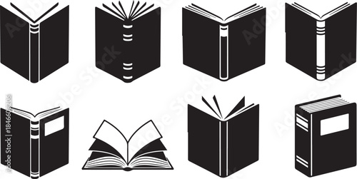 Set of black and white book icons in various open and closed positions