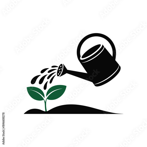Watering Can Nurturing Green Plant Vector Illustration. Growth and Care Concept with Soil and Leaves.