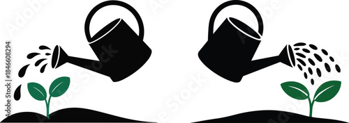 Growth Concept Vector with Watering Cans and Plants. Nurturing Illustration Showing Development Through Care and Water.