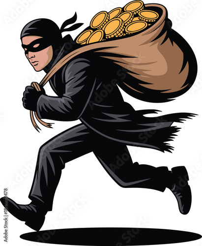 Cartoon Thief Running with Gold Coin Sack. Stylized Robbery Escape Vector Illustration in Motion.