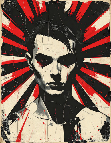 Rebel Gaze Distressed Punk Portrait with Radial Burst
