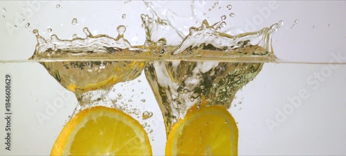 Slow motion oranges splash into water. Refreshing and vibrant macro footage