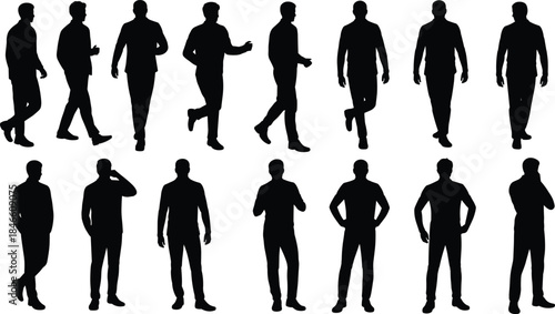 Walking and standing male silhouettes displaying casual movement, modern posture and everyday gestures for lifestyle projects, vector artwork and creative illustration