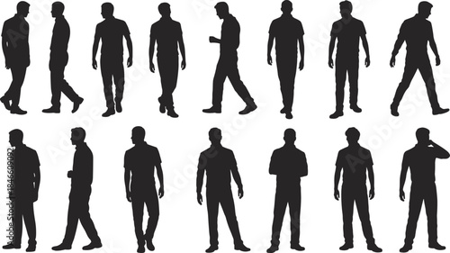 Walking and standing male silhouettes displaying casual movement, modern posture and everyday gestures for lifestyle projects, vector artwork and creative illustration