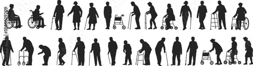 Elderly people silhouette collection using wheelchairs, walkers, canes and mobility aids, depicting senior support, rehabilitation and healthcare vector illustration