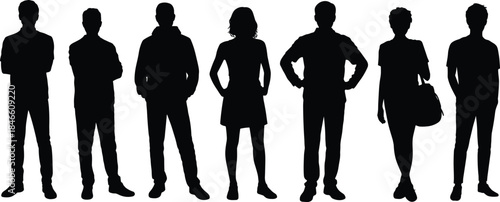 Diverse standing people silhouette collection showcasing modern casual poses, detailed human outlines and character figures for creative vector design projects