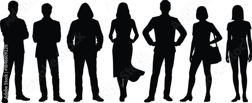 Diverse standing people silhouette collection featuring modern male and female figures, stylish casual poses and detailed human outlines for vector design