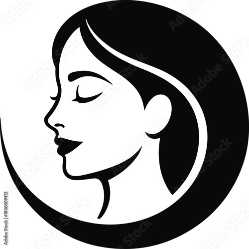 Elegant Woman Profile Silhouette in Circular Frame. Minimalist Female Face Vector for Beauty Branding.